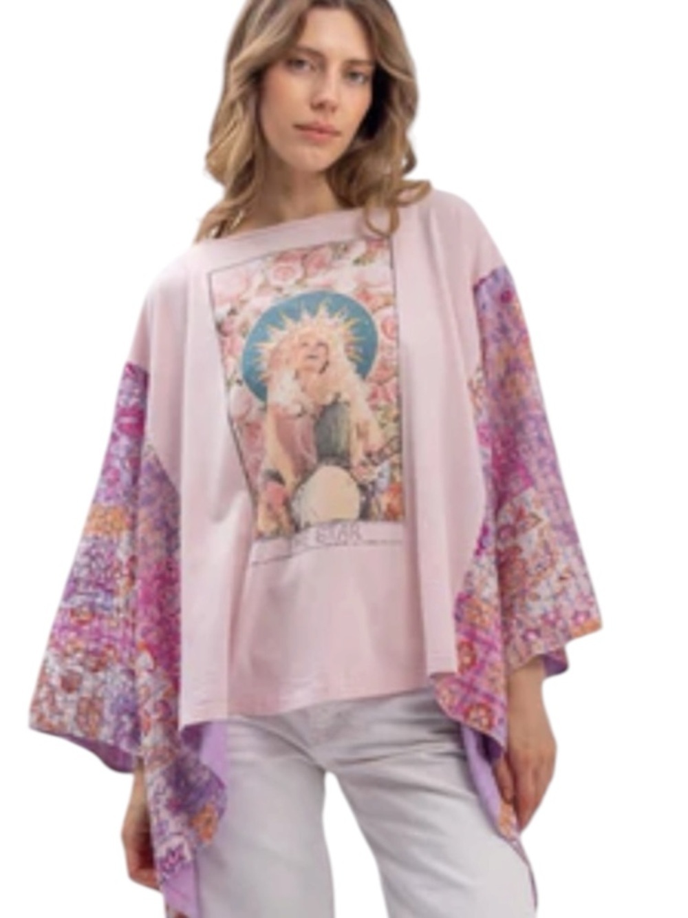 BlueVelvet Dolly Parton Pink Graphic Short Sleeve Tee with Kantha Sleeves